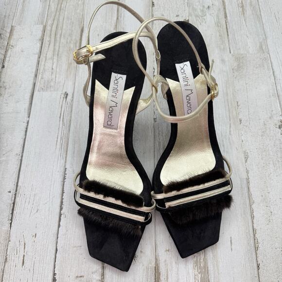 Santini Mavardi Black Suede Real Fur Trim Unique Gold Heels Designer Sz 40 US 9 - Picture 13 of 13